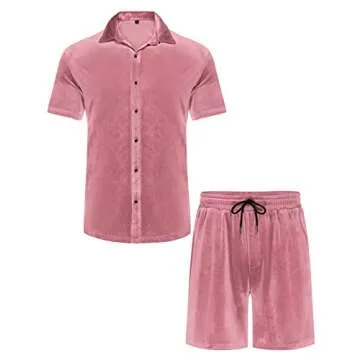 LecGee Casual Velvet Men 2 Piece Lounge Set Pink Small