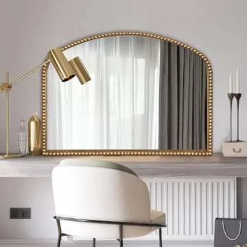 BAODANFU Vanity Mirror for Bedroom, 35" x 28" Large Arch Vintage Gold Wall Mirror, Beaded Frame Decorative Accent Mirrors for Washroom, Living Room, Entryway, Bathroom, Fireplace