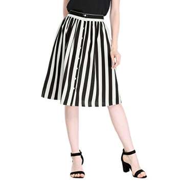 Allegra K Women's Striped Button Front Elastic Back Waist A-Line Midi Skirt Large White Black