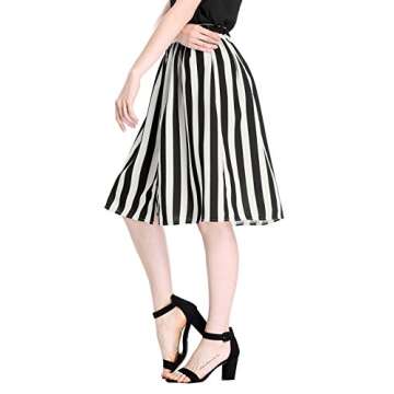 Allegra K Women's Striped Button Front Elastic Back Waist A-Line Midi Skirt Large White Black
