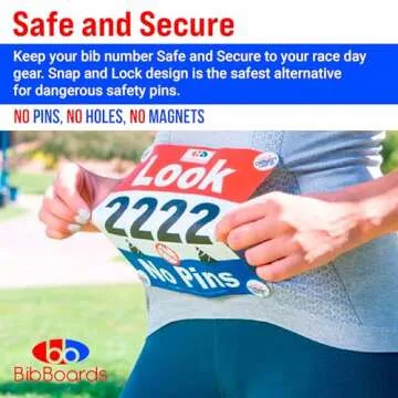 bibSNAPS Race Bib Clips - Safety Lock Fasteners - Secures Running, Marathon, Cycling and Event Number, Non Magnetic, Easy to Use, Soft & Reusable - Replacement for Pins & Magnets - Run Happy (4pcs)