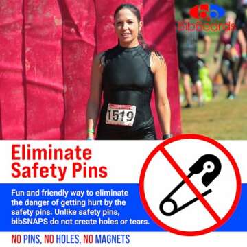 bibSNAPS Race Bib Clips - Safety Lock Fasteners - Secures Running, Marathon, Cycling and Event Number, Non Magnetic, Easy to Use, Soft & Reusable - Replacement for Pins & Magnets - Run Happy (4pcs)