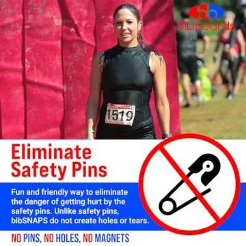 bibSNAPS Race Bib Clips - Safety Lock Fasteners - Secures Running, Marathon, Cycling and Event Number, Non Magnetic, Easy to Use, Soft & Reusable - Replacement for Pins & Magnets - Run Happy (4pcs)