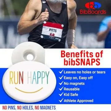bibSNAPS Race Bib Clips - Safety Lock Fasteners - Secures Running, Marathon, Cycling and Event Number, Non Magnetic, Easy to Use, Soft & Reusable - Replacement for Pins & Magnets - Run Happy (4pcs)