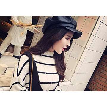 Women PU Leather Newsboy Cabbie Peaked Beret Cap Vintage Baker Boy Visor Hat Black