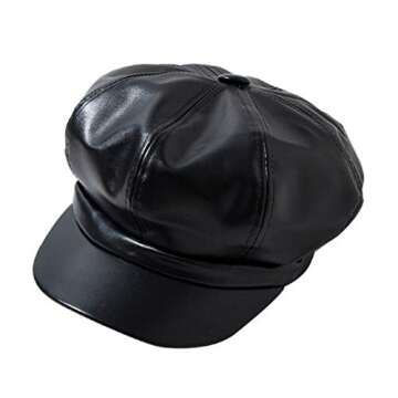 Women PU Leather Newsboy Cabbie Peaked Beret Cap Vintage Baker Boy Visor Hat Black