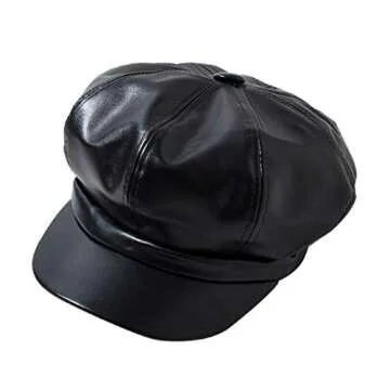 Women PU Leather Newsboy Cabbie Peaked Beret Cap Vintage Baker Boy Visor Hat Black