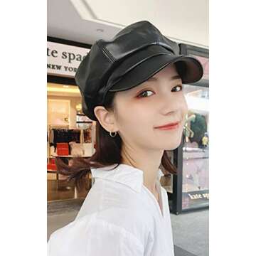 Women PU Leather Newsboy Cabbie Peaked Beret Cap Vintage Baker Boy Visor Hat Black