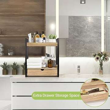 2-Tier Bathroom Organizer Countertop with Drawer, Wood Counter Shelf for Bathroom Storage, Vanity Tray for Bathroom Organization and Decor, Countertop Organizer for Bathroom, Kitchen, Office (Brown)