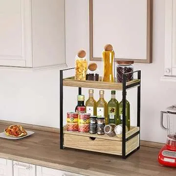 2-Tier Bathroom Organizer Countertop with Drawer, Wood Counter Shelf for Bathroom Storage, Vanity Tray for Bathroom Organization and Decor, Countertop Organizer for Bathroom, Kitchen, Office (Brown)