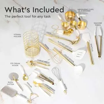 White and Gold Kitchen Utensils Set - 23-Piece Gold Kitchen Accessories Include Measuring Cups and S...