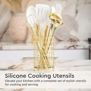 White and Gold Kitchen Utensils Set - 23-Piece Gold Kitchen Accessories Include Measuring Cups and Spoons Set, Silicone Utensils, and Utensil Holder for Baking, Cooking, and Stylish Kitchen Decor