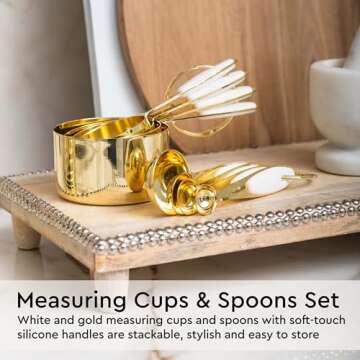 White and Gold Kitchen Utensils Set - 23-Piece Gold Kitchen Accessories Include Measuring Cups and Spoons Set, Silicone Utensils, and Utensil Holder for Baking, Cooking, and Stylish Kitchen Decor