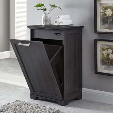 OLD CAPTAIN Wooden Tilt Out Trash Cabinet, Hidden Trash Can Kitchen Holds 10 Gallons (Dark Brown+Bla...