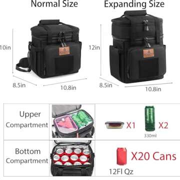 Tactical Lunch Box, Large Expandable Insulated Lunch Bag, Durable Waterproof Leakproof Cooler Bag for Adults/Men/Women/Work Outdoor Beach Trips, 20 Cans/15 L, Black, HSHRISH