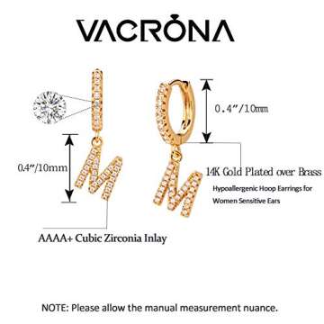 VACRONA Initial Earrings Dainty CZ Huggie Earrings 14K Gold Hoop Earrings Tiny Cubic Zirconia Dangle Earrings Customized Hoops Personalize Earrings For Women Jewelry Gift(M)