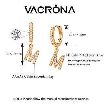 VACRONA Initial Earrings Dainty CZ Huggie Earrings 14K Gold Hoop Earrings Tiny Cubic Zirconia Dangle Earrings Customized Hoops Personalize Earrings For Women Jewelry Gift(M)