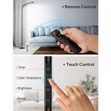 MediAcous LED Floor Lamp for Living Room, 5 Colors & Brightness & Step-Less Adjustable, Standing Lamp with 1H Timer, Remote & Button, Dimmable Reading Floor Lights, Work with Wall Switch