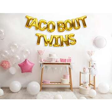 PartyForever Gold TACO BOUT TWINS Balloons Banner Taco Themed Twins Baby Shower Decorations or Birthday Party Supplies Sign for Boys and Girls