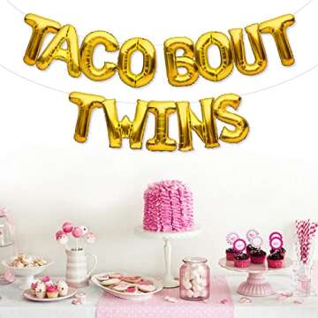 PartyForever Gold TACO BOUT TWINS Balloons Banner Taco Themed Twins Baby Shower Decorations or Birthday Party Supplies Sign for Boys and Girls