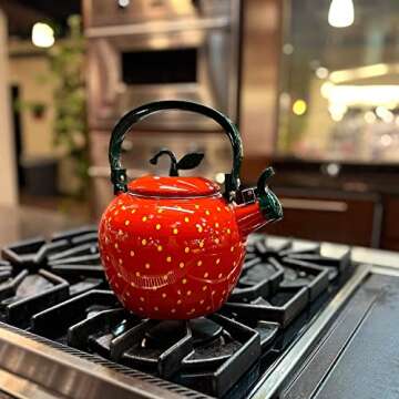 Whistling Tea Kettle for Stove Top Enamel on Steel Teakettle, Supreme Housewares Strawberry Design T...