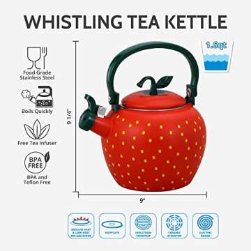 Whistling Tea Kettle for Stove Top Enamel on Steel Teakettle, Supreme Housewares Strawberry Design Teapot Water Kettle Cute Kitchen Accessories Teteras (2.3 Quart, Strawberry)