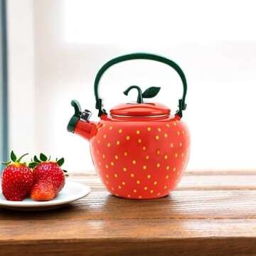Whistling Tea Kettle for Stove Top Enamel on Steel Teakettle, Supreme Housewares Strawberry Design Teapot Water Kettle Cute Kitchen Accessories Teteras (2.3 Quart, Strawberry)