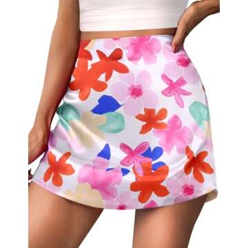Zeagoo Ladies Mini Skirts Stain Silk Skirts Solid Casual Work Skirts Floral Summer Short with Zipper,X-Large