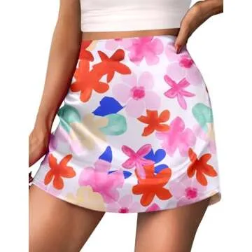 Zeagoo Ladies Mini Skirts Stain Silk Skirts Solid Casual Work Skirts Floral Summer Short with Zipper,X-Large
