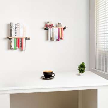 VEBAVO Floating Bookshelves Set of 2 - Double Storage Unique Wall Bookshelf - Natural Wood & Metal B...