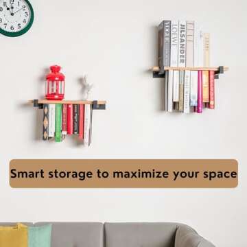 VEBAVO Floating Bookshelves Set of 2 - Double Storage Unique Wall Bookshelf - Natural Wood & Metal Brackets Bookshelf Wall Mount, Space-Saving Hanging Bookshelf 16.5W x 6.7D