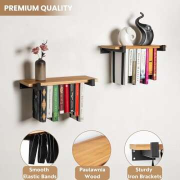 VEBAVO Floating Bookshelves Set of 2 - Double Storage Unique Wall Bookshelf - Natural Wood & Metal Brackets Bookshelf Wall Mount, Space-Saving Hanging Bookshelf 16.5W x 6.7D