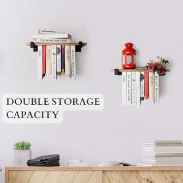 VEBAVO Floating Bookshelves Set of 2 - Double Storage Unique Wall Bookshelf - Natural Wood & Metal Brackets Bookshelf Wall Mount, Space-Saving Hanging Bookshelf 16.5W x 6.7D