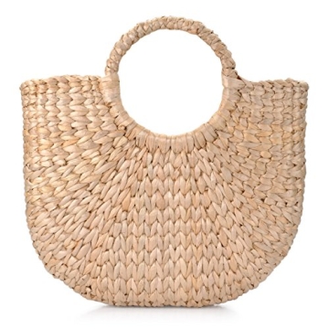 DOKOT Hand-woven Straw Bag, Summer Rattan Beach Bag for Women, Top-handle Handbag