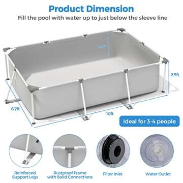GYMAX Swimming Pool, 10ft x 6.7ft x 2.5ft Above Ground Rectangular Steel Frame Pool with Filter Inlet & Pool Cover, Tear-Resistance Durable Outdoor Pool for Backyard, Patio (Grey)