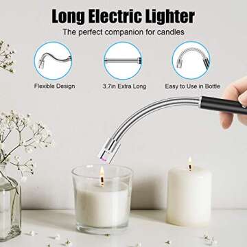 Candle Lighter, Rechargeable Electric Arc Lighter with 360° Flexible Neck LED Battery Display and Flameless Windproof Triple Safety Long Lighter (Black)