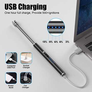 Candle Lighter, Rechargeable Electric Arc Lighter with 360° Flexible Neck LED Battery Display and Flameless Windproof Triple Safety Long Lighter (Black)
