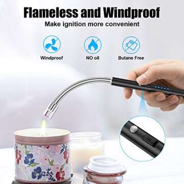 Candle Lighter, Rechargeable Electric Arc Lighter with 360° Flexible Neck LED Battery Display and Flameless Windproof Triple Safety Long Lighter (Black)