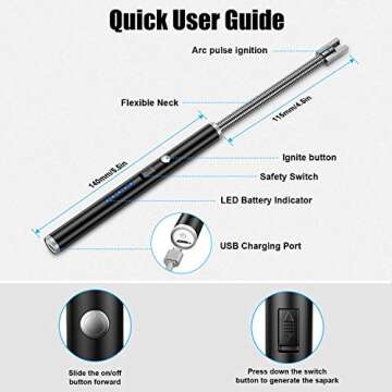 Candle Lighter, Rechargeable Electric Arc Lighter with 360° Flexible Neck LED Battery Display and Flameless Windproof Triple Safety Long Lighter (Black)