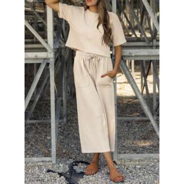 SHEWIN Two 2 Piece Outfits 2025 Spring Fahion Sweat Suit Lounge Sets for Women Casual Short Sleeve C...