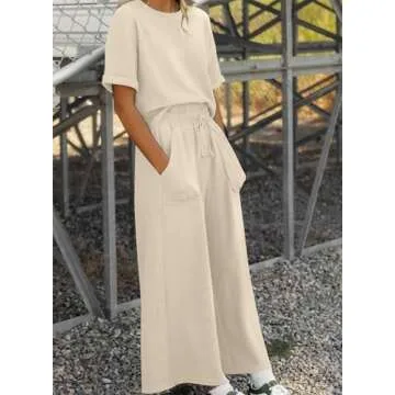 SHEWIN Two 2 Piece Outfits 2025 Spring Fahion Sweat Suit Lounge Sets for Women Casual Short Sleeve Crewneck Pullover Tops Loungewear Pants Loose Pajama Tracksuit Summer Outfit Black XL