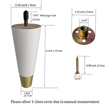 Furniture Legs 6 inch Height Couch Legs Wood Round Tapered Gold Furniture feet Set of 4 Replacement Legs for Sofa Couch Armchair canbinet Dresser with M8 Screws kit (6 inch, White)