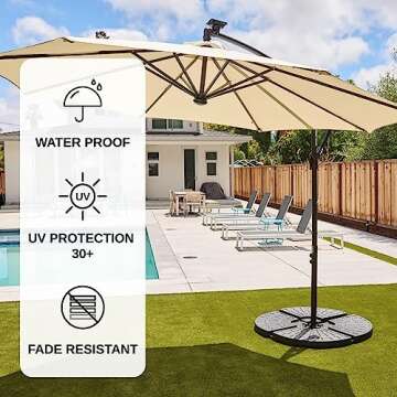 East Oak Offset Patio Umbrella, 10ft Hanging Cantilever Umbrellas with 40 Solar Lights,8 Ribs,Waterproof UV 30+ Protection and Fade Resistant Outdoor Umbrella, Beige
