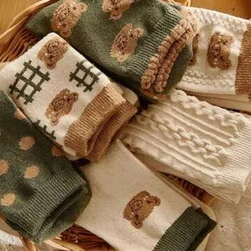 6 Pairs Vintage Socks Y2K Cute Bears Cotton Socks Gyaru Aesthetic Ankle Dress Socks Downtown Girl Preppy Accessories (6 Pairs,One Size)