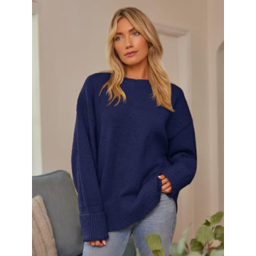 LILLUSORY Oversized Sweater Womens 2024 Fall Fashion Outfits Pullover Long Tunic Old Money Winter Clothes Cute Crewneck Trendy Knit Chunky Warm Knitted Top Navy Blue
