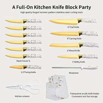 Kitchen Knife Set Non Stick Knives with Block, Serrated Steak Knife, Chef Knife, Bread Knife, Scisso...