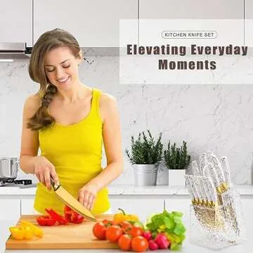 Kitchen Knife Set Non Stick Knives with Block, Serrated Steak Knife, Chef Knife, Bread Knife, Scissors, Sharpener, 14Pcs Stainless Steel Ultra-Sharp Cutlery Block Sets with Titanium Coated Blade