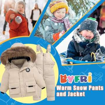 BYFRI Toddler Boys Girls Snow Suits - Winter Down Hooded Jacket & Ski Pants Set
