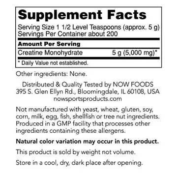 NOW Foods Sports Nutrition, Creatine Monohydrate Powder, Mass Building*/Energy Production*, 2.2-Poun...