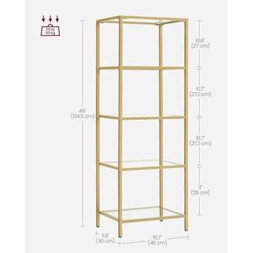 VASAGLE Bookcase, 5-Tier Bookshelf, Slim Shelving Unit for Bedroom, Bathroom, Home Office, Tempered Glass, Steel Frame, Metallic Gold ULGT029A01
